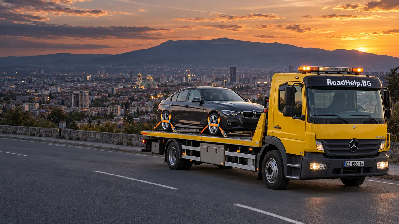 Илюстрация: жълт репатрак RoadHelp.BG с автомобил, София и планината по залез
